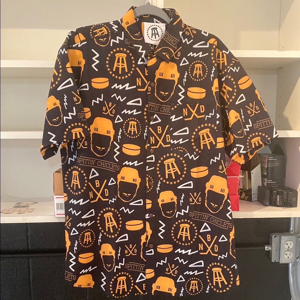 Black and Gold Casual Button Down Shirt with Beer-Themed Design